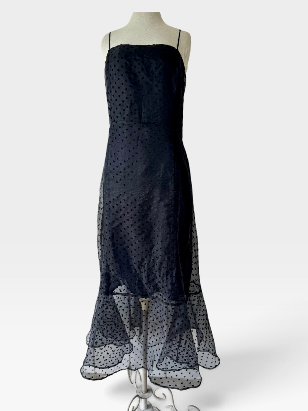ModCloth Black Sheer Swiss Dot Witchy Maxi Black Dress XL Goth Criss Cross Back - Picture 2 of 9